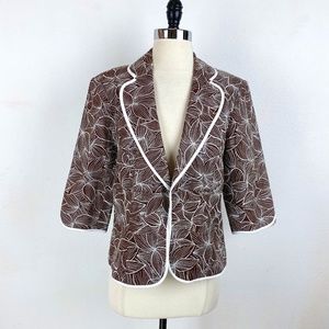 Nygard Linen Brown White Embroidered Blazer Jacket 12P Lined Hooks 3/4 Sleeves